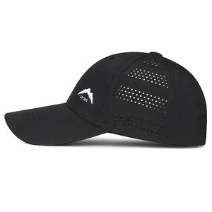Lightweight breathable black sports baseball cap with mountain logo and laser-cut vents