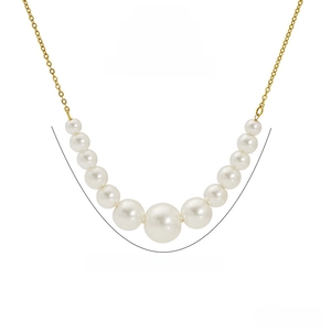 Detail view of 18k gold plated pearl necklace with size dimensions and 11 round pearls