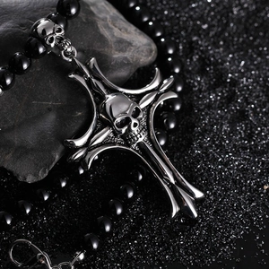 Men's gothic stainless steel cross pendant necklace with skull accents on black beads