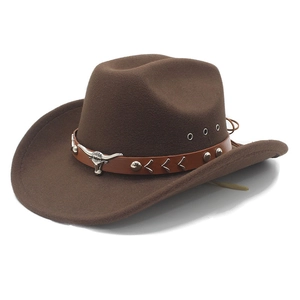 Western Cowboy Hat Woolen Felt With Leather Band Metal Bull Head Broad Brim Vintage Retro Style For Men Women