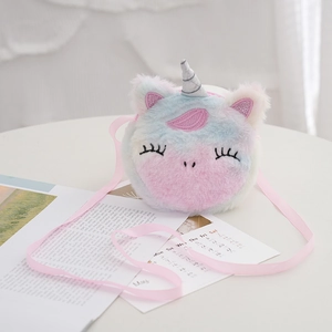 Plush unicorn shoulder bag for girls featuring macaron gradient fur and silver horn detail