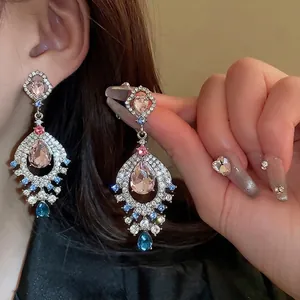 Vintage Palace Style Teardrop Dangle Earrings With Pink Blue Rhinestones And Alloy Silver Earring Post For Women