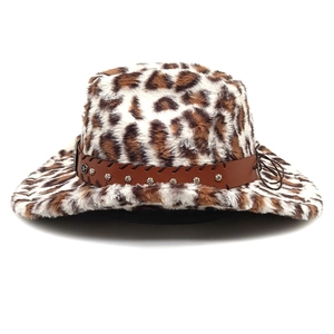 Close-up of plush leopard print cowboy hat with studded leather band and star badge