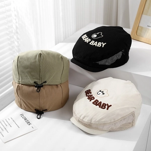 Mesh baby beret hats with bear embroidery and adjustable drawstrings for 2-5 years