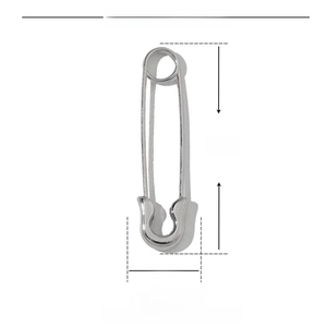 Macro shot of silver stainless steel safety pin earring with precise 33mm length detail