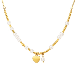 Golden bead and pearl necklace featuring a polished heart pendant on white background