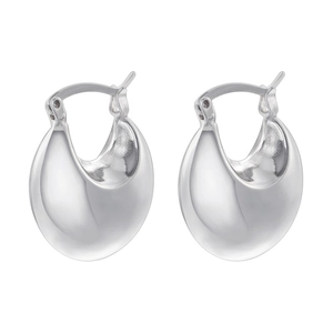 Detailed close-up of polished silver teardrop hoop earrings with high-gloss finish