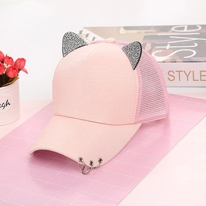 Pink rhinestone cat ear baseball cap with metal rings and breathable mesh fabric