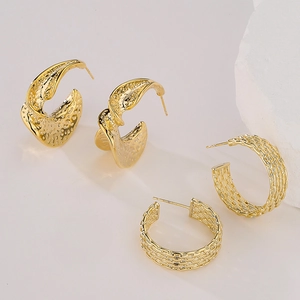 Geometric Hoop Earrings 18K Gold Plated Copper Textured C Shaped Minimalist Vintage Style Jewelry For Women