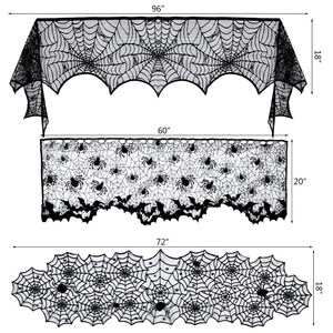 Black lace Halloween table runner set with spider web and bat patterns in three sizes