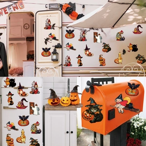Vintage Halloween gnome magnets shown on a white refrigerator door for party decoration
