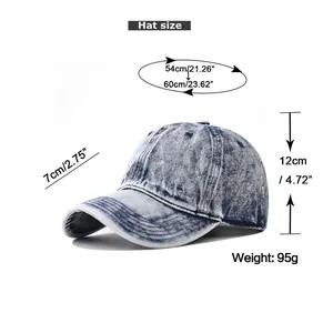 Size chart showing circumference, brim, and height for washed denim baseball cap