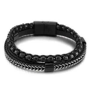 Men's multi-layer black leather bracelet with beaded strands and magnetic steel clasp