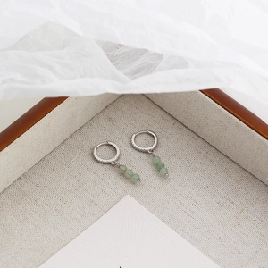 Detailed shot of green aventurine beaded silver earrings displayed in a jewelry box