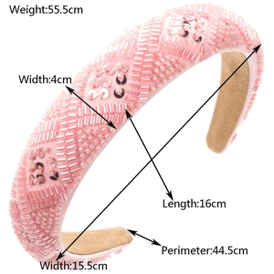 Pink beaded fashion headband with intricate sequin embroidery and cross pattern design