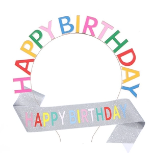 Rainbow Happy Birthday metal headband and silver glitter sash set for party celebration