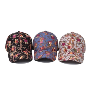 Chinese style cotton baseball caps with cartoon owl prints in black blue and gray colors