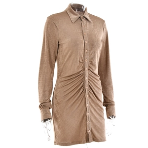 Detail of khaki velvet long sleeve dress with button front and pleated texture