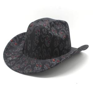 Western Cowboy Hat With Skull Print Red Glitter Eyes Halloween Costume Party Gothic Punk Fedora For Men Women