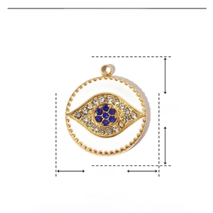 Detailed view of evil eye charm with dimensions 18x16mm in gold stainless steel