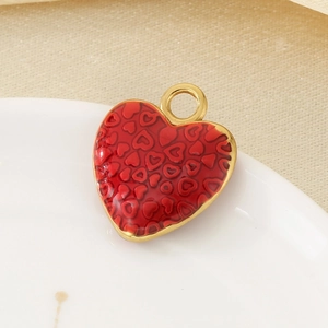3D red enamel heart pendant in stainless steel with golden frame and embossed patterns