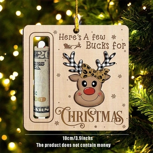 Detail of wooden reindeer money holder ornament with dimension 10cm on Christmas tree