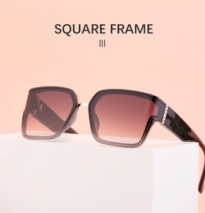Detailed view of square frame sunglasses with gradient lenses on geometric display