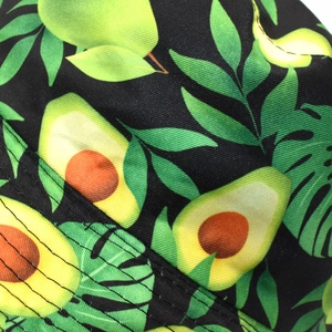 Close-up of vibrant avocado print and durable stitching on black cotton bucket hat