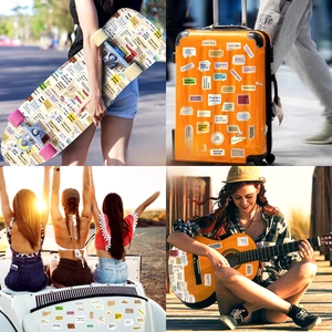 Waterproof inspirational quote stickers applied on skateboards, luggage, and guitars
