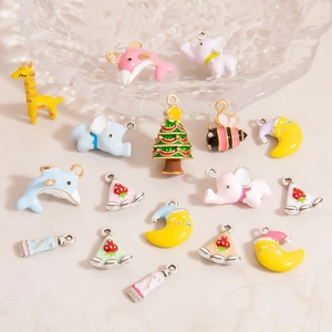 Colorful Alloy Enamel Cartoon Pendant Charms For DIY Jewelry Making Christmas Tree Elephant Giraffe Moon Cake Animal Charm