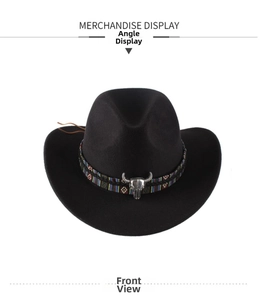 Front view of black wool cowboy hat featuring ethnic band and silver bull skull ornament
