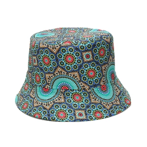 Vintage bohemian bucket hat featuring vibrant mandala geometric prints on canvas