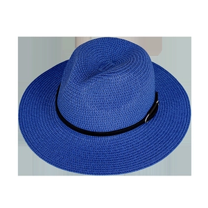 Bright blue woven fedora sun hat with a black leather band and silver buckle