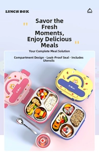 Detail of SUS316 stainless steel 4-compartment lunch box with cute cartoon lid and cutlery