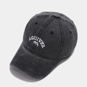 Close-up of vintage washed dark grey baseball cap with white Aquiver embroidery details