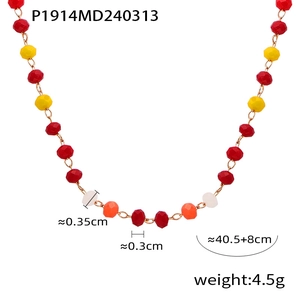 Detailed view of handmade gold-plated necklace with colorful agate beads and size specs