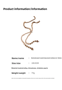Detail of rhinestone pearl long tassel necklace showing 108.9cm length and materials