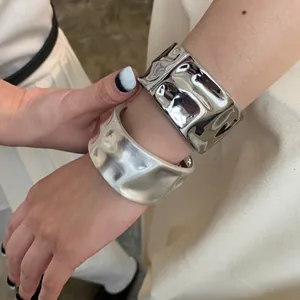 Wide Cuff Bangle Hammered Zinc Alloy Minimalist Liquid Metal Style Open Hinged Jewelry For Women