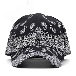 Vue détaillée du motif cachemire noir et blanc sur la surface de la casquette de baseball