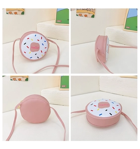 Macro views of pink doughnut shoulder bag for girls featuring colorful candy sprinkles