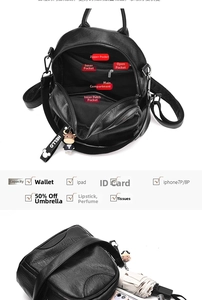 Interior details of black litchi leather backpack with multiple pockets and high capacity