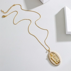 18K gold plated necklace with Madonna and Child oval pendant and zircon stones