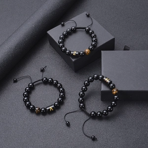 Adjustable natural black agate beaded bracelet with tiger eye stone and gold A-Z letters