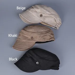 Breathable linen beret hats for women in beige, khaki, and black colors with buttons