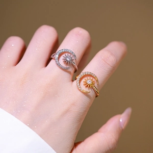 Sun Moon Adjustable Ring Copper Gold Plated Delicate Cubic Zirconia Opening Finger Jewelry For Women Luxury Celestial Style