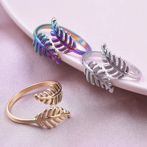 Minimalist stainless steel leaf open rings in gold, silver and rainbow plated colors