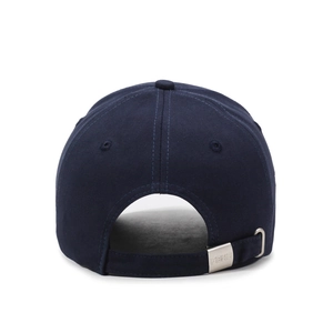 Navy blue baseball cap rear view featuring cotton fabric and adjustable metal buckle