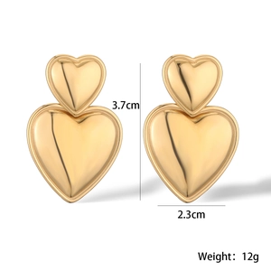 Detail view of gold-plated heart earrings showing dimensions 3.7cm by 2.3cm