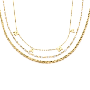 Dreilagige goldene Edelstahlkette mit MAMA-Anhänger und Perlenkette für Mütter