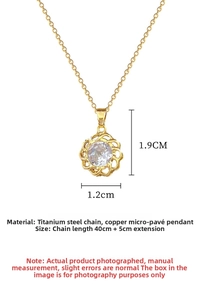 Detail view of gold titanium steel necklace featuring a rotating zircon flower pendant